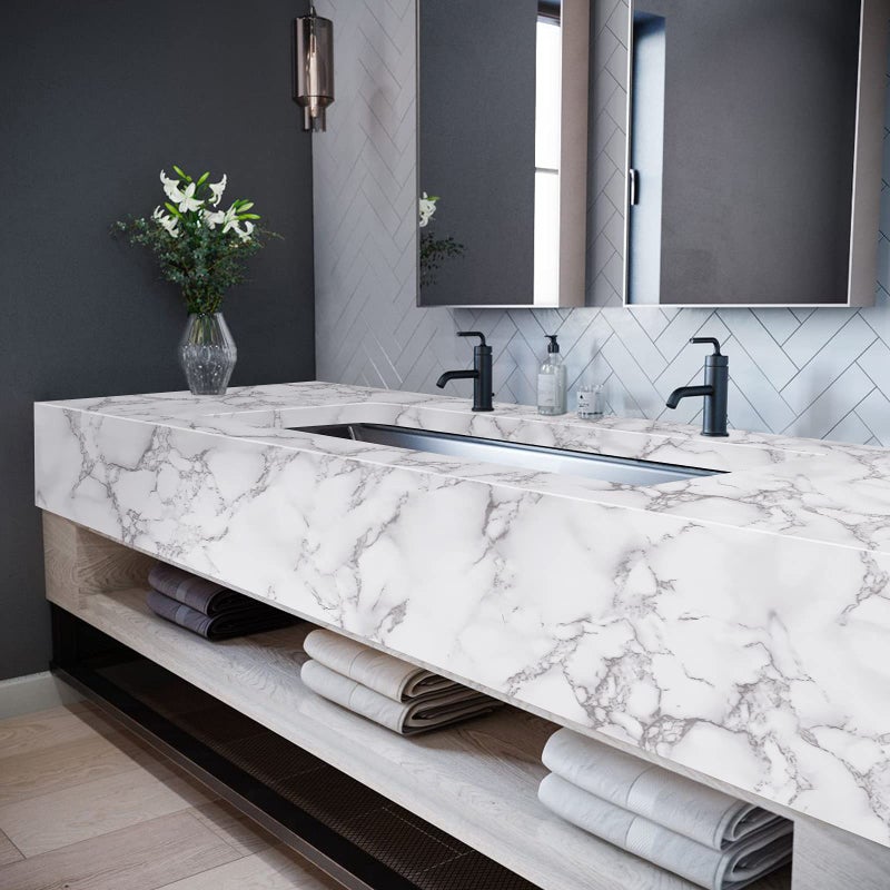 Caltero Marble Contact Paper 15.7"" x 197"" White Grey Marble Wallpaper Peel and Stick Glossy Marble Contact Paper Self Adhesive Contact Paper for Countertop Kitchen Cabinets Bathroom - Image 3